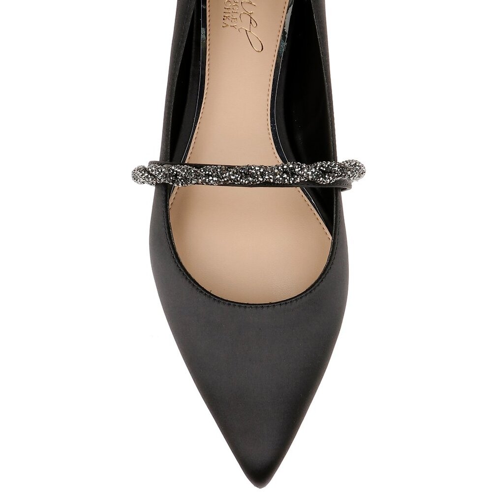 BADGLEY MISCHKA JEWEL Vana Pointed Flats + Crystal Straps in  Black Satin Size 5